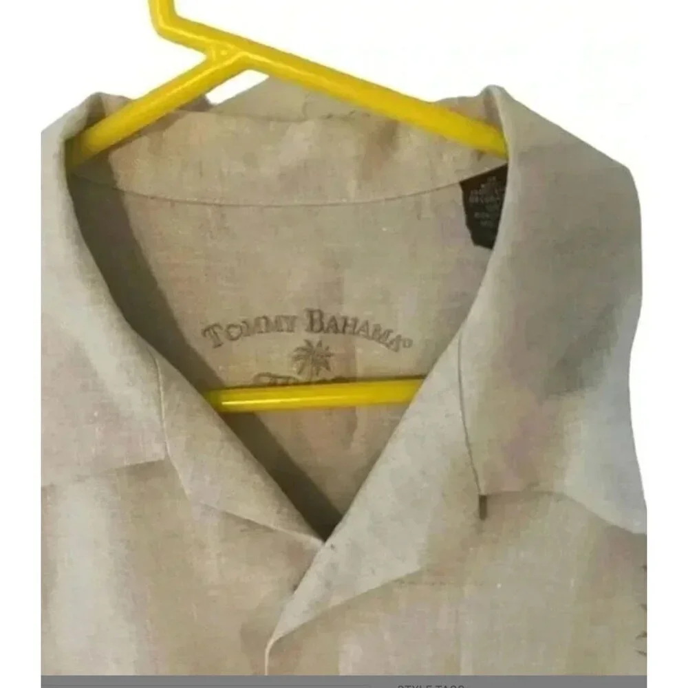 Tommy Bahama Beige 100% linen Button-Up Shirt With Embroidered Palm Design Mediu